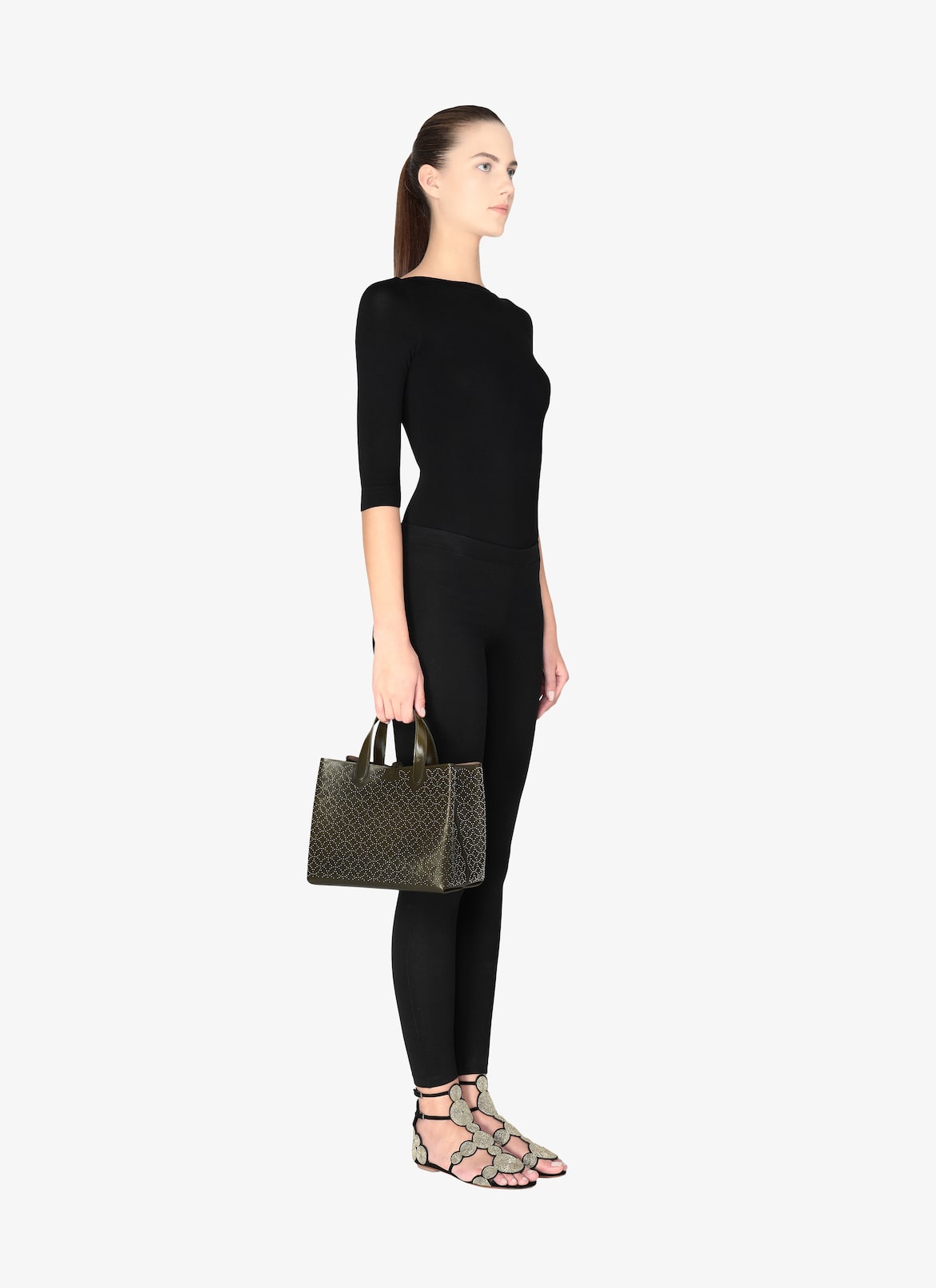 CABAS SMALL MODEL CUIR LUX CLOU ARABESQUE KAKI ALAÏA KHAKI  CABAS SMALL MODEL CUIR LUX CLOU ARABESQUE KAKI